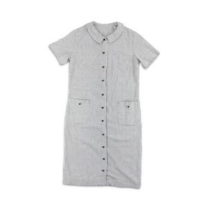 VINTAGE 40S GRAY WHITE PINSTRIPED SEERSUCKER HOUSE DRESS